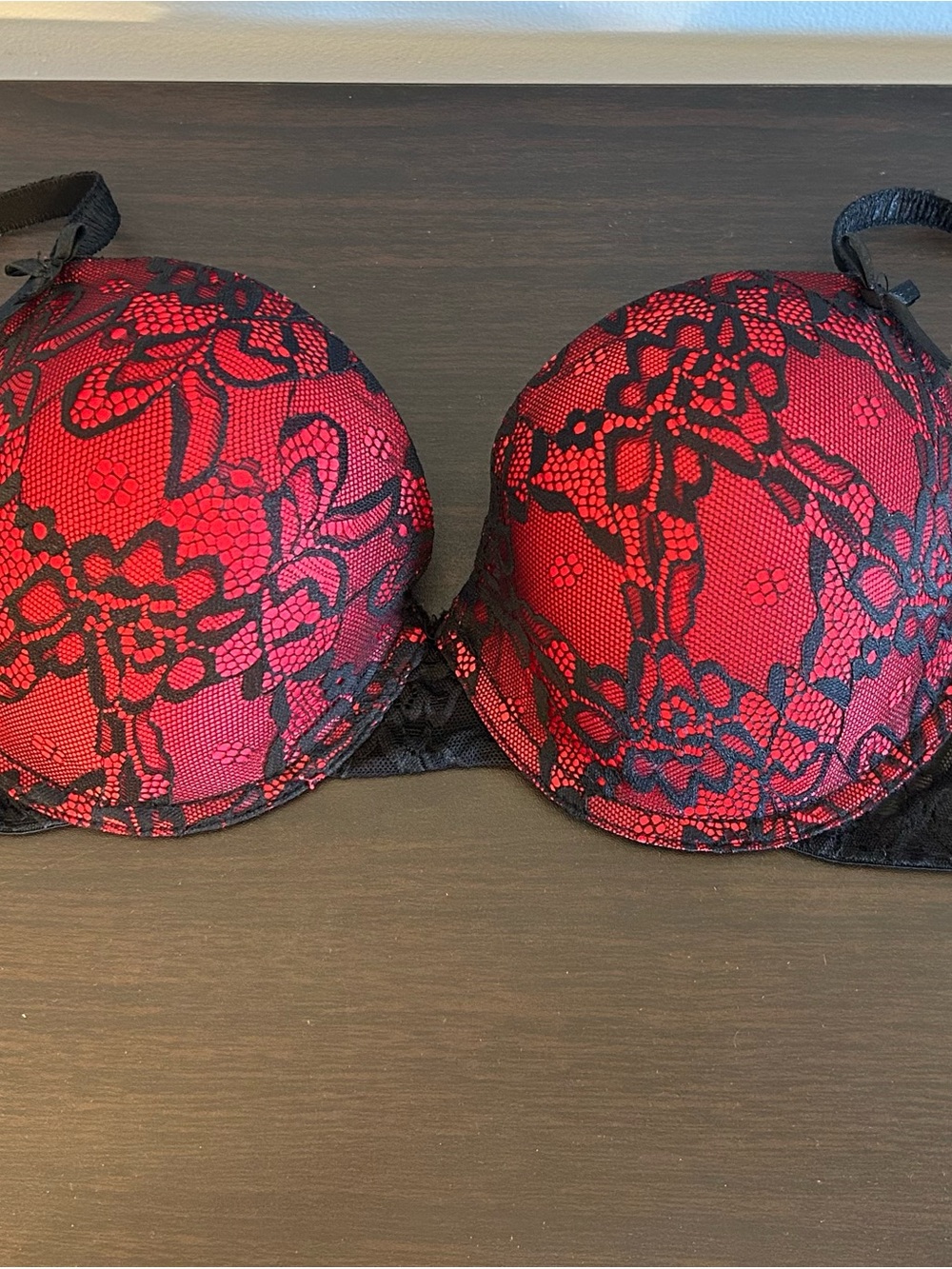 Red Lace Overlay Push-Up Bra with Black Detailing